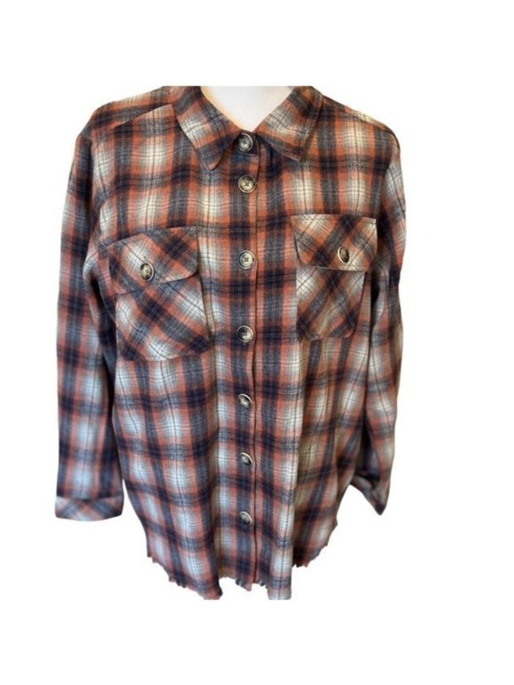 Democracy plaid shirt shacket size medium button up front pockets frayed hem